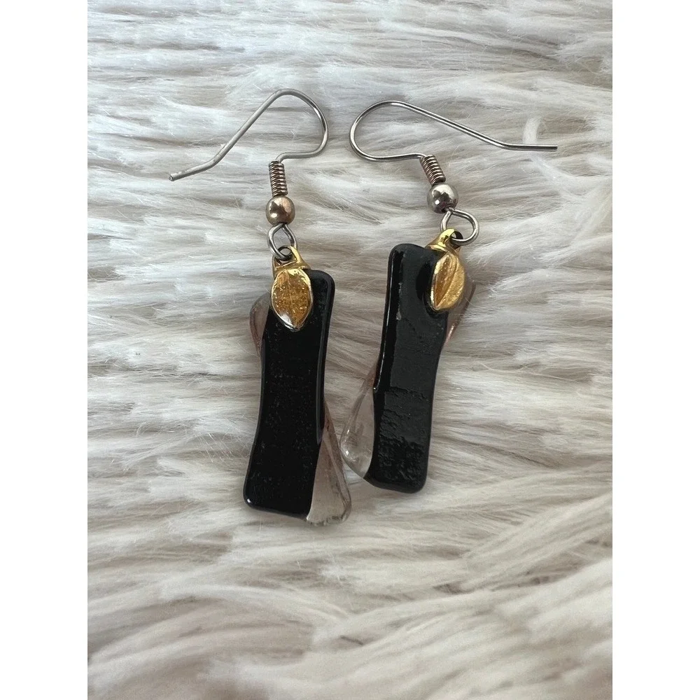 Dichroic‎ Glass Drop Earrings Amber Copper Gold Leaf Twist Dangle Artisan Boho